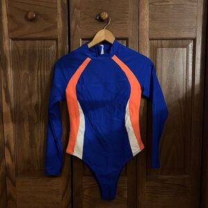 Blue and Orange Long Sleeve one piece zip up swim suit